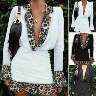 

US Sexy Women Deep V Neck Lapel Shirt Dress Plunge Ruched Ruffle Cuff Mini Dress