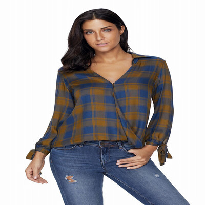 

Plaid V-neck long sleeve front short long long cloak shirt casual top