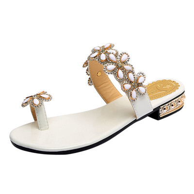 

Rose Women Rhinestone Floral Open Toe Shoes Bohemia Anti Skidding Low Heel Slippers