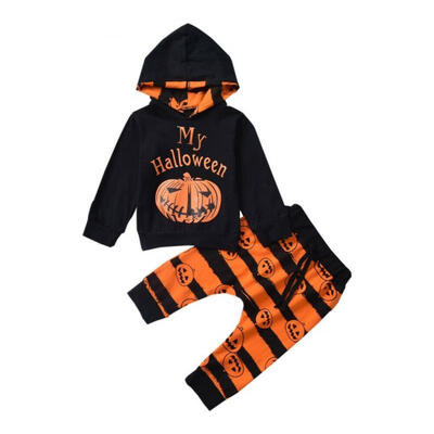 

2Pcs Toddler Kids Baby Boys Girl Halloween Clothes Pumpkin Long Sleeve Hoodies Tops&Striped Pants Outifts Set