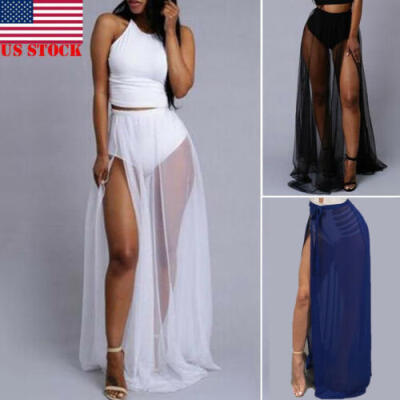 

US STOCK Women Trendy Fashion Fitted Sexy Sheer Mesh See Through Long Maxi Skirt