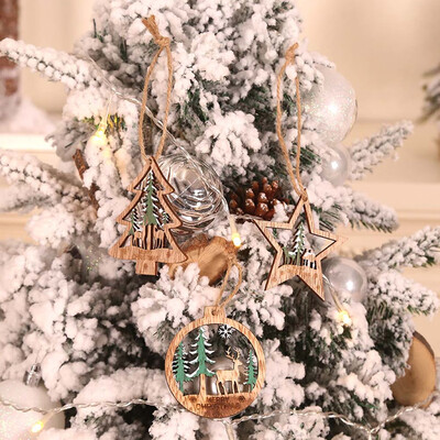 

6PcsSet Diy TreeStar Green Red Wooden Pendants Ornaments For Christmas Party Xmas Tree Ornaments Kids Gifts Decorations
