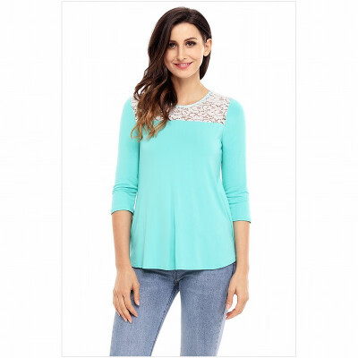 

Multicolor round neck cropped sleeves back hollow neck button lace stitching top