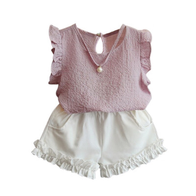 

Summer Girls Children Fashion Casual Pearl Sleeveless Chiffon Blouse Shorts Suits Kids Clothes 2pc Clothing Sets