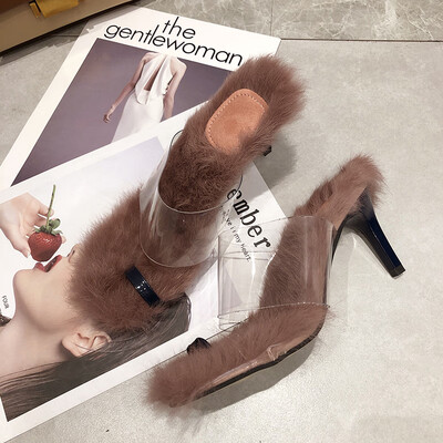 

Fur slippers ladiessummer transparent glue toe-set half-slippers high-heeled slippers ladies shoes autumn