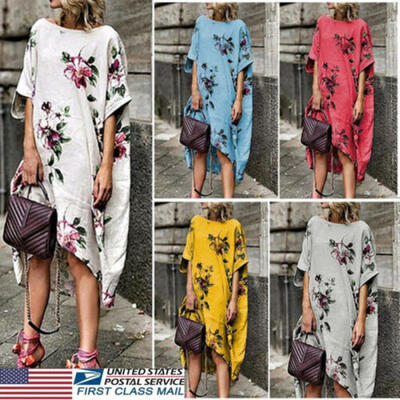 

Women Boho Cotton Linen Maxi Dress Short Sleeve Casual Kaftan Tunic Plus Size US
