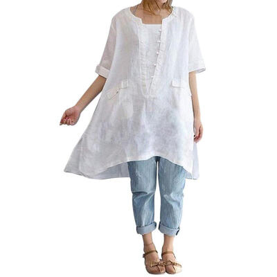 

Women Blouse Elbow Sleeve Plus Size Long Section Cotton And Linen T-Shirts