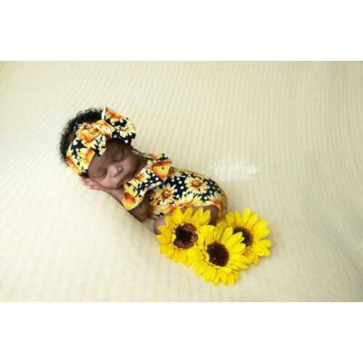 

2pcs Newborn Toddler Baby Girls Cotton Sunflower RomperHeadband Outfits Clothes