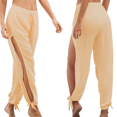 

Womens Side Slit Elastic Wide Leg Casual Baggy Pants Summer Beach Long Trousers