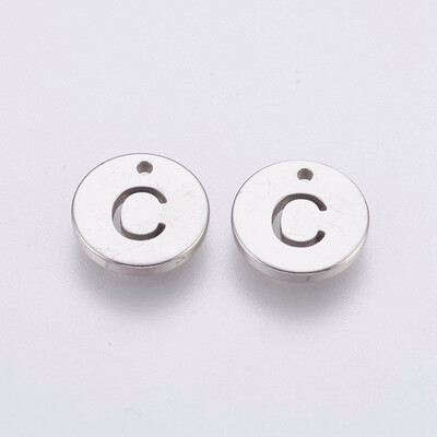 

304 Stainless Steel Charms Flat Round with Letter Stainless Steel Color LetterC 10x1mm Hole 1mm