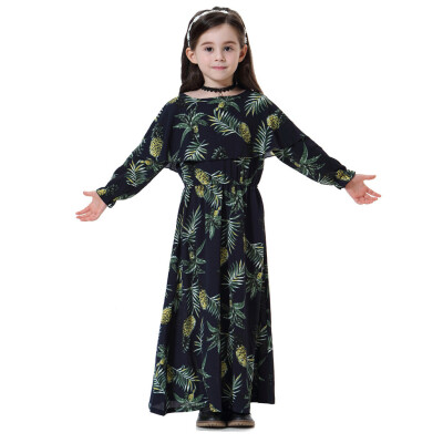 

Kids Girls Muslim Islamic Floral Long Sleeves Full Length Robe Burka Maxi Dress