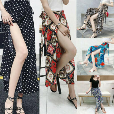

Women Summer High Waist Polka Dot Skirt Split Beachwear Floral Long Casual Dress
