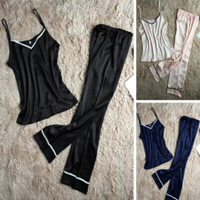 

2PCS Women Lady Silk Satin Pajamas Set Pyjama Sleepwear Loungewear Homewear