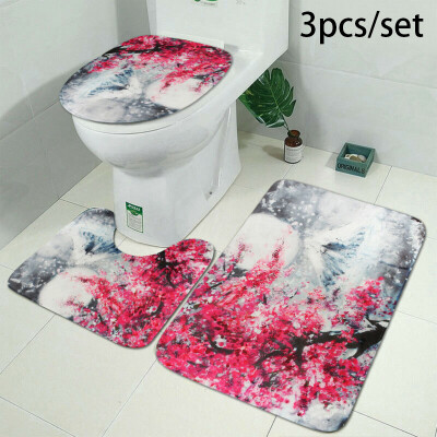 

SakuraSnow Mountain Printing Bathroom Shower Curtain Toilet Cover Mat Non-Slip