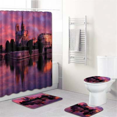 

Gobestart Waterproof Bathroom Shower Curtain Set Non-Slip Rug Toilet Lid Cover Bath Mat