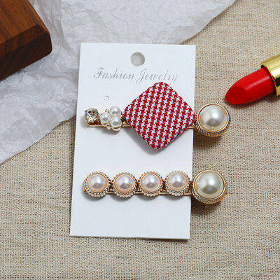 

Pearl Hair Clip Headwear Sweet Pearl Hairpin Lattice Word Clip Sid Two piece Set Pearl Alloy Resin Hairpin Headdress Accessories