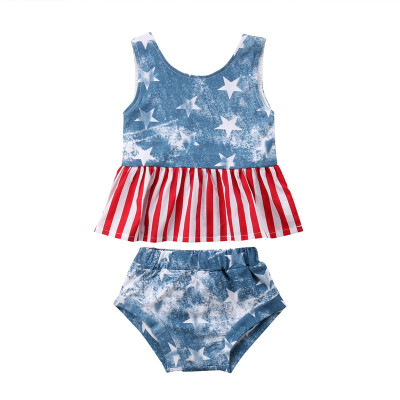 

0-24M Summer Baby Girl Casual Sleeveless Star Stripe Print Cotton Vest Tops T-shirt PP Briefs Shorts Outfits Set