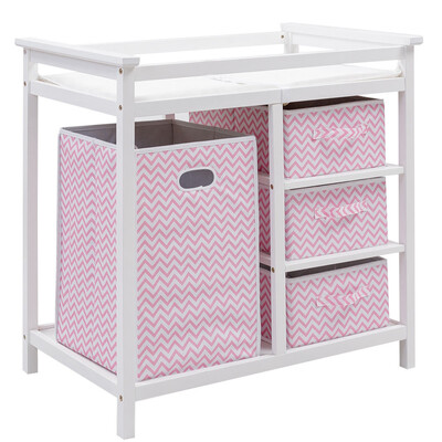 

Infant Changing Table with 3 Basket Hamper Diaper Storage-Pink