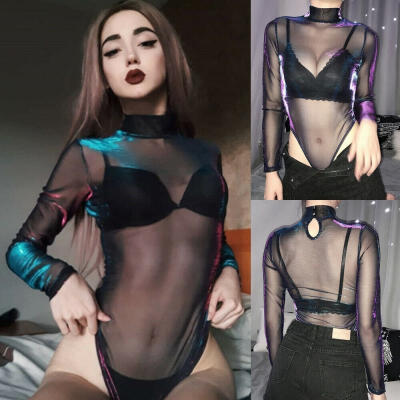 

New Sexy Black Bodysuits Tops Women Long Sleeve See-through Mesh Bodysuit Clubwear