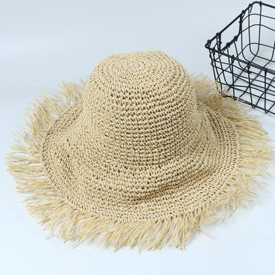 

New spring&summer sun hat women travel hand-crochet edgy straw hat foldable sun hat large eaves solid-colored beach hat