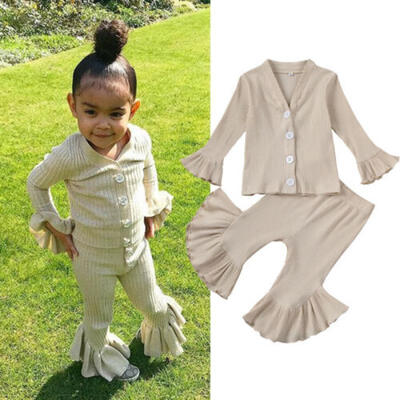 

Toddler Baby Kids Girl Clothes Knitted Cotton Tops Ruffle Long Pants Outfits Set