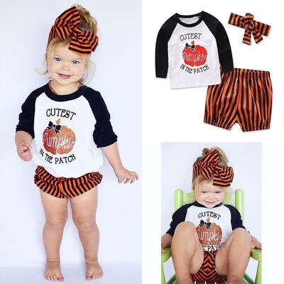 

Details about Fashion 3PCS Baby Toddler Girl Tops T-Shirt Striped Short Pants Headband Outfits Set New