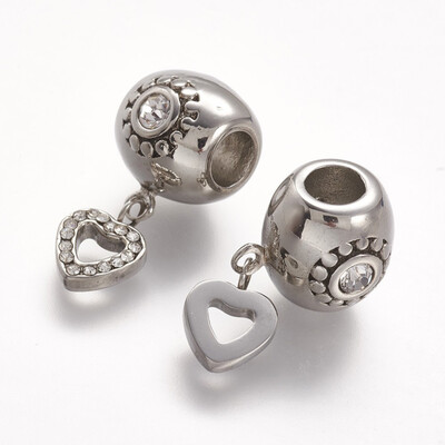 

304 Stainless Steel European Dangle Beads with Rhinestone Rondelle&Heart Antique Silver 245mm Hole 5mm