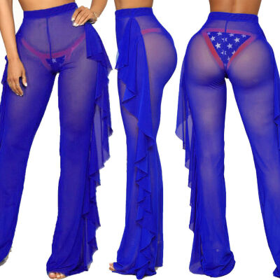 

Fashion Womens See Through Fishnet Sheer Mesh Ruffle Swimsuits Beach Bikini Cover up Lace Wide Leg Pants Swimsuit Swimwear