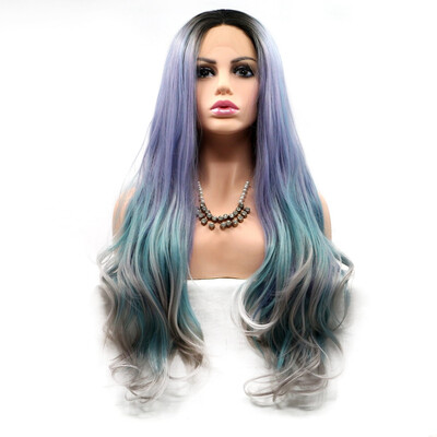 

Amazing Star Lace Frontal Wigs Ombre Blue Color Half Hand Tied Heat Resistant Fiber Middle Part Synthetic Hair