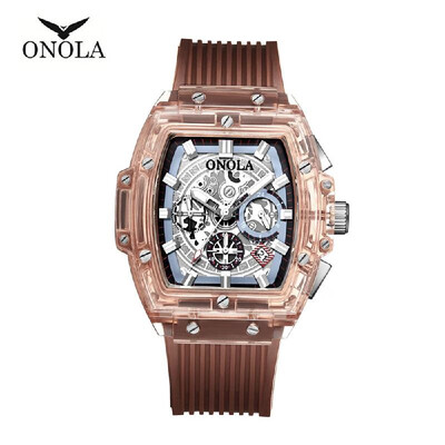 

ONOLA ON6011 Men Quartz Watch Transpaernt Hollow Dial Silica Gel Band Fashion Multifunction Wristwatch 3ATM Luminous Display Chron