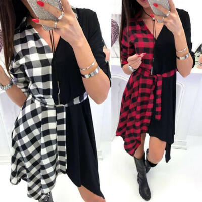 

Women Long Sleeve V Neck Casual Loose Short Mini Tunic Plaid Shirt Dress Party