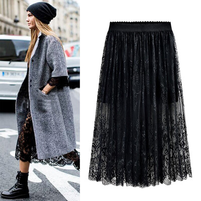 

Roseonmyhand Women Casual High Elastic Waist Lace Hollow Maxi Long Pleated Skirt