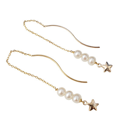 

Women 14K Gold Pearls Star Ear Clip Long Ear Line Girls Dangle Earrings Wedding Jewelry Gift