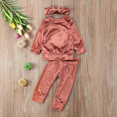 

US Newborn Infant Baby Girl Velvet Outfit Clothes Romper TopsPantsHeadband Set