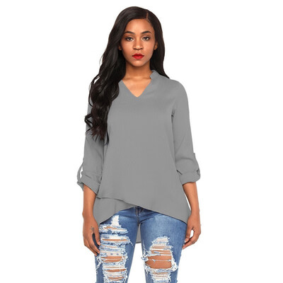 

Solid color V-neck long-sleeved chiffon blouse casual midi top