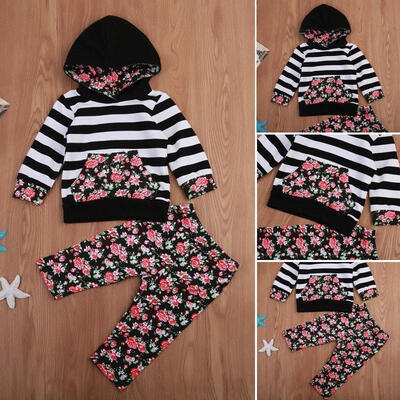 

UK Newborn Baby Girls Floral Stripe Cotton Hooded Top Pants Outfits Set Clothes