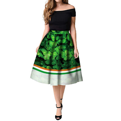 

Roseonmyhand Womens St Patricks Day Clover Printed Pleated Flared Midi Skirt
