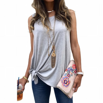 

Solid color bottoming knit vest T-shirt womens round neck sleeveless knotted top