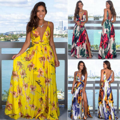 

Womens Summer Boho Floral Long Maxi Evening Cocktail Party Beach Dress Sundress