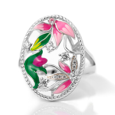 

Silver Flower Enamel Bohemian March For Women Engagement 925 Silver Ring