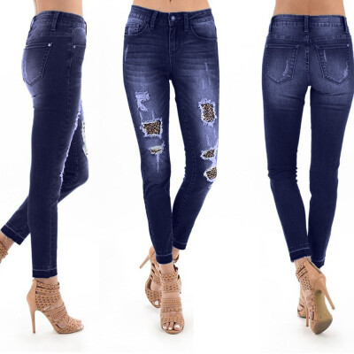 

〖Follure〗Women Autumn Elastic Shredded Leopard Print Denim Plus Pants Pants Jeans