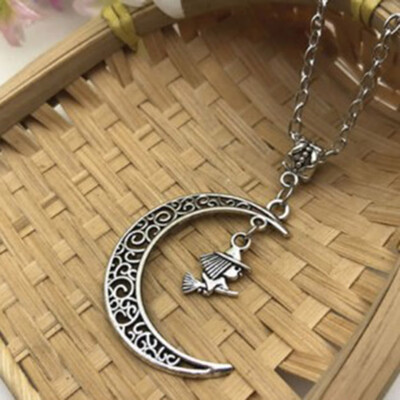 

Halloween Tibet Silver Flying Witch In Moon Necklace Pendant Wiccan Jewelry