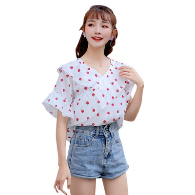 

2019 Fashion Polka Dot Printed Blouses Women Short Sleeve V Neck Temperament Chiffon Shirt Summer Casual Women Tops