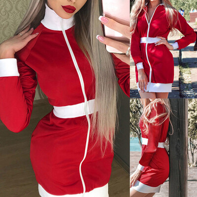 

Tailored Women Christmas Stand Collar Zipper Patchwork Long Sleeve Sweatshirt Dress