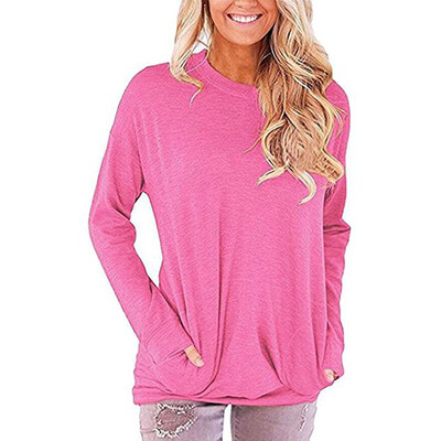 

European&American foreign trade autumn new round collar bat long sleeve pocket decorated T-shirt female