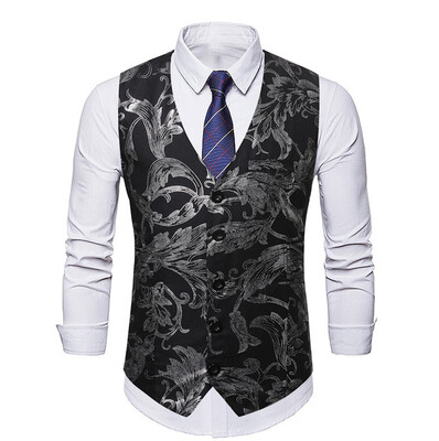 

Toponeto Mens Fashion Business Casual Gold Stamping Flower Printing Waistcoat Tops Vest