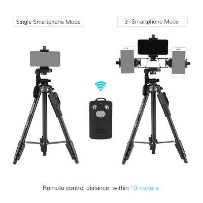

YUNTENG VCT-6808 Multi-functional Tripod for Phone with 3 Phone Holders Portable Aluminum Alloy 4-Section Telescoping Tripod with