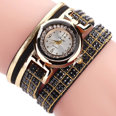 

DUOYA D187 Women Leather Wrap Rhinestones Quartz Bracelet Wrist Watch