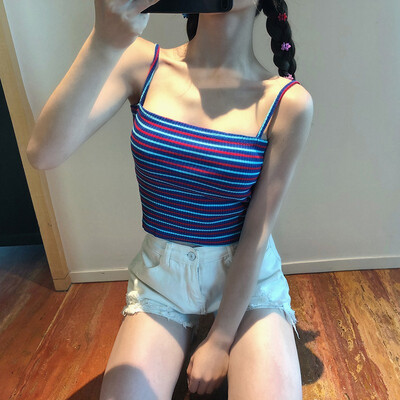 

Womens Summer Fashion Square Collar Striped Camisole Sleeveless Casual Crop Tops