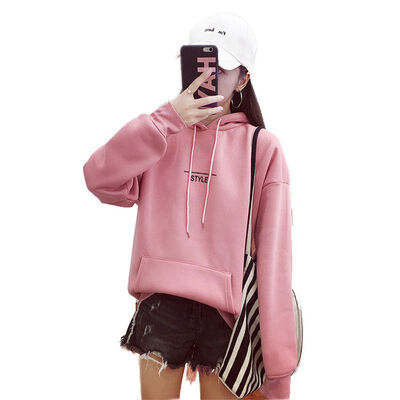 

Autumn Letter Print Casual Long Sleeve Women Hooded Sweatshirts Plus Velvet Warm Autumn Pullover Pink Fashion Tops Female